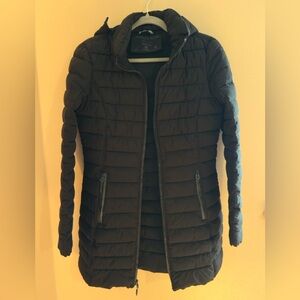 Nautica Women’s Black spring fall Long Quilted Hooded Puffer Coat, Zip Pockets